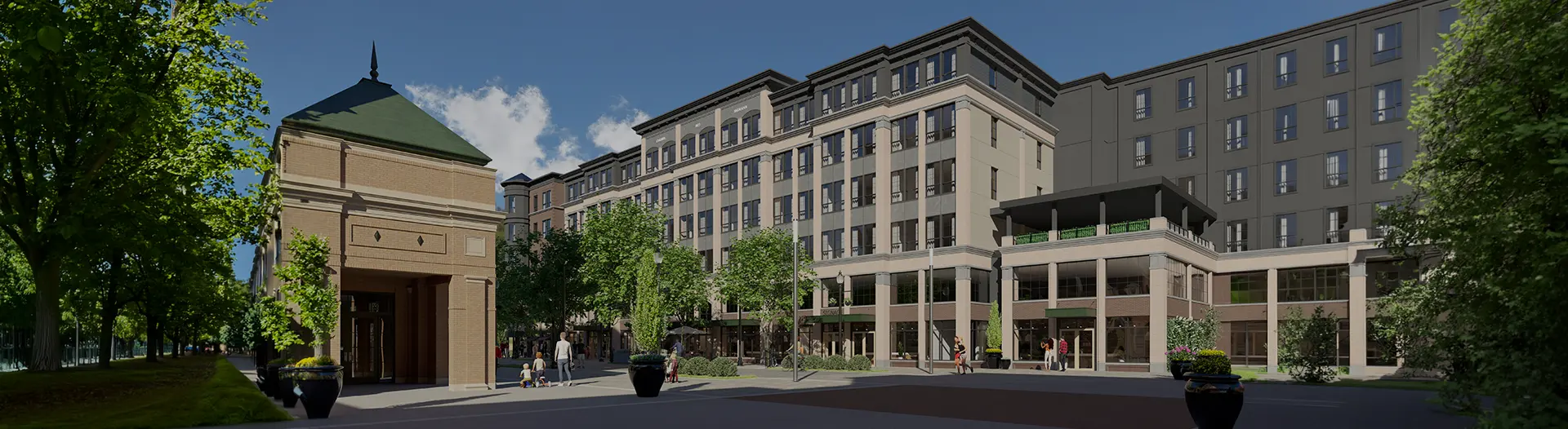 Rendering of side exterior view of Monon Square Apartments at Carmel